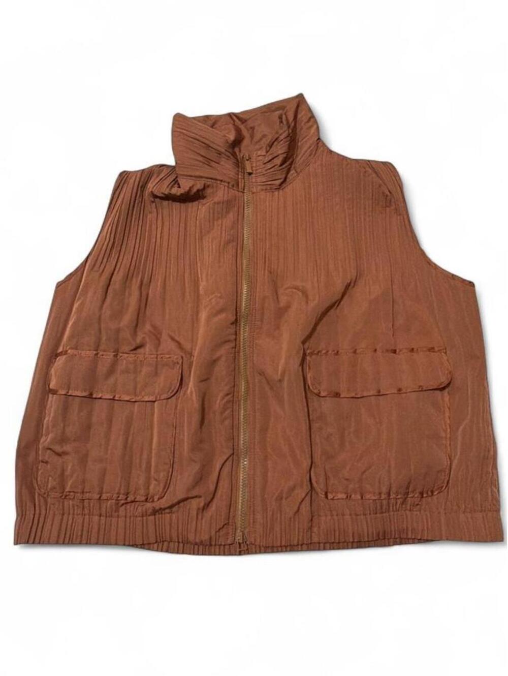 Pleats Kora Brown Sleeveless Pleated Vest Jacket